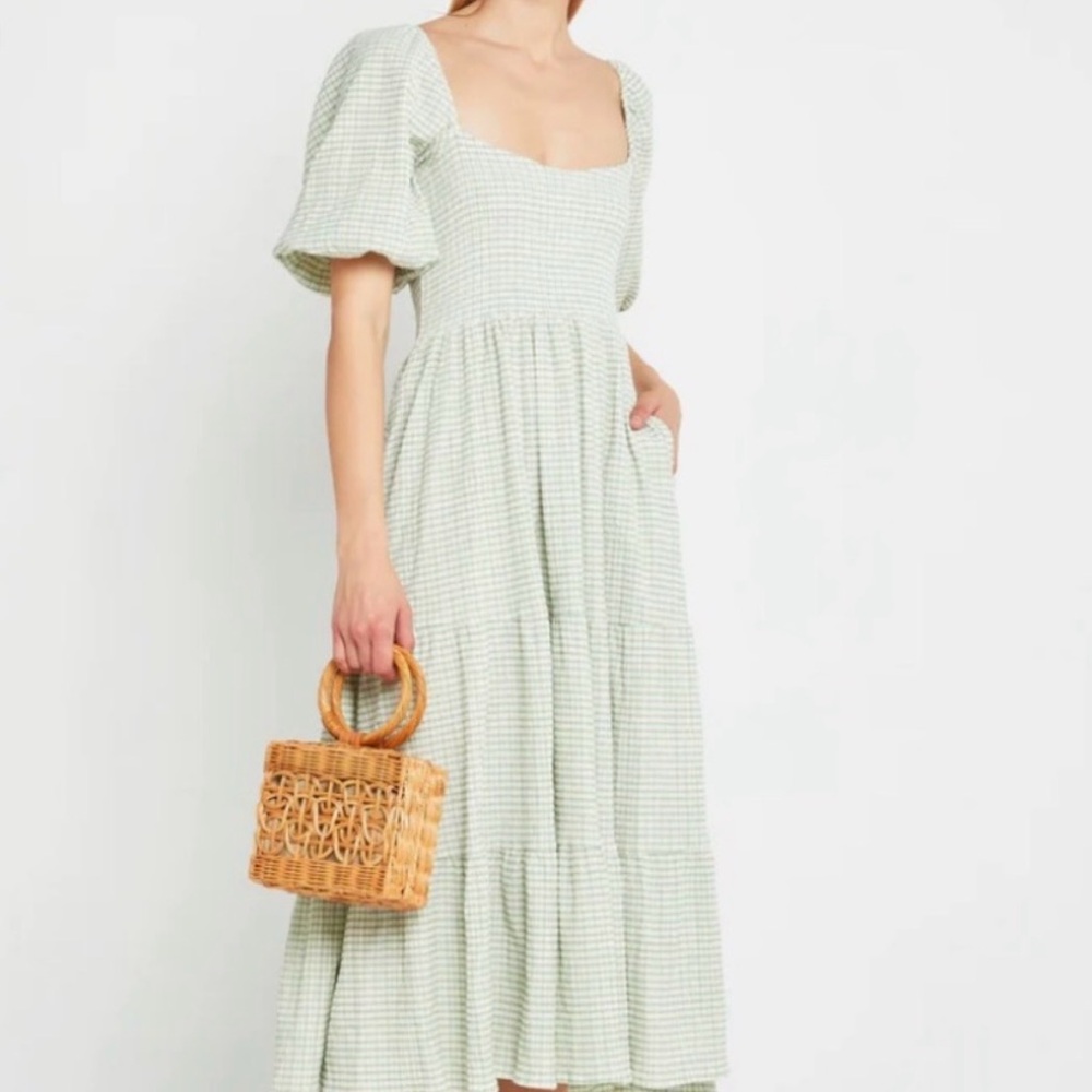 Square Neck Puff Sleeve Maxi Dress in Light Green Gingham